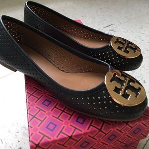 Tory Burch Black Flats with Gold Emblem